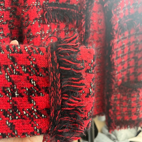 Zara Red Tweed Open Cardigan with Fringe Detail - Picture 2 of 5